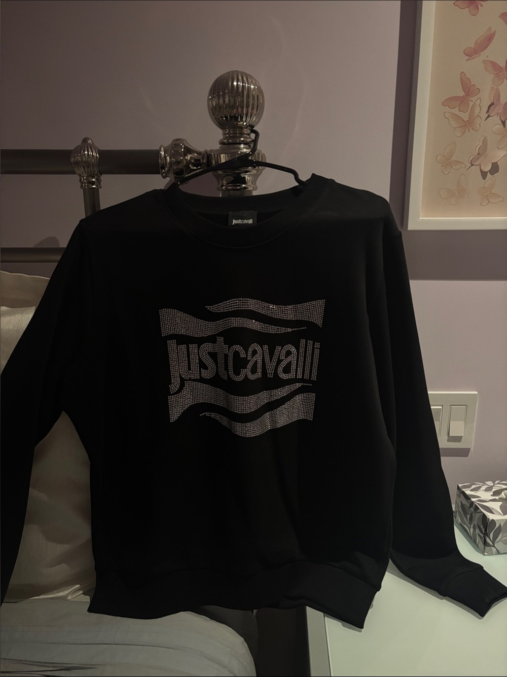 Just Cavalli Black Crewneck Sweatshirt with Rhinestone Logo